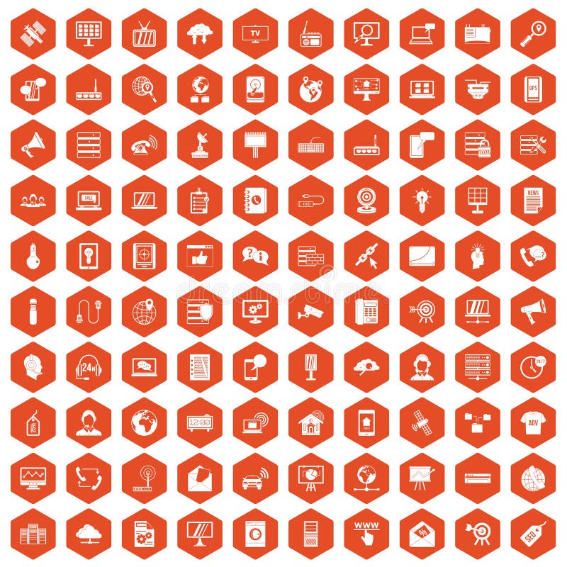 100 telecommunication icons set in orange hexagon isolated vector illustration. 100 telecommunication icons set in orange hexagon isolated vector illustration
