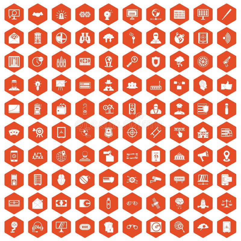 100 security icons set in orange hexagon isolated vector illustration. 100 security icons set in orange hexagon isolated vector illustration
