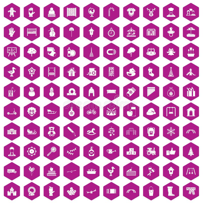 100 kindergarten icons set in violet hexagon isolated vector illustration. 100 kindergarten icons set in violet hexagon isolated vector illustration