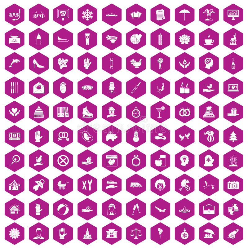 100 joy icons set in violet hexagon isolated vector illustration. 100 joy icons set in violet hexagon isolated vector illustration