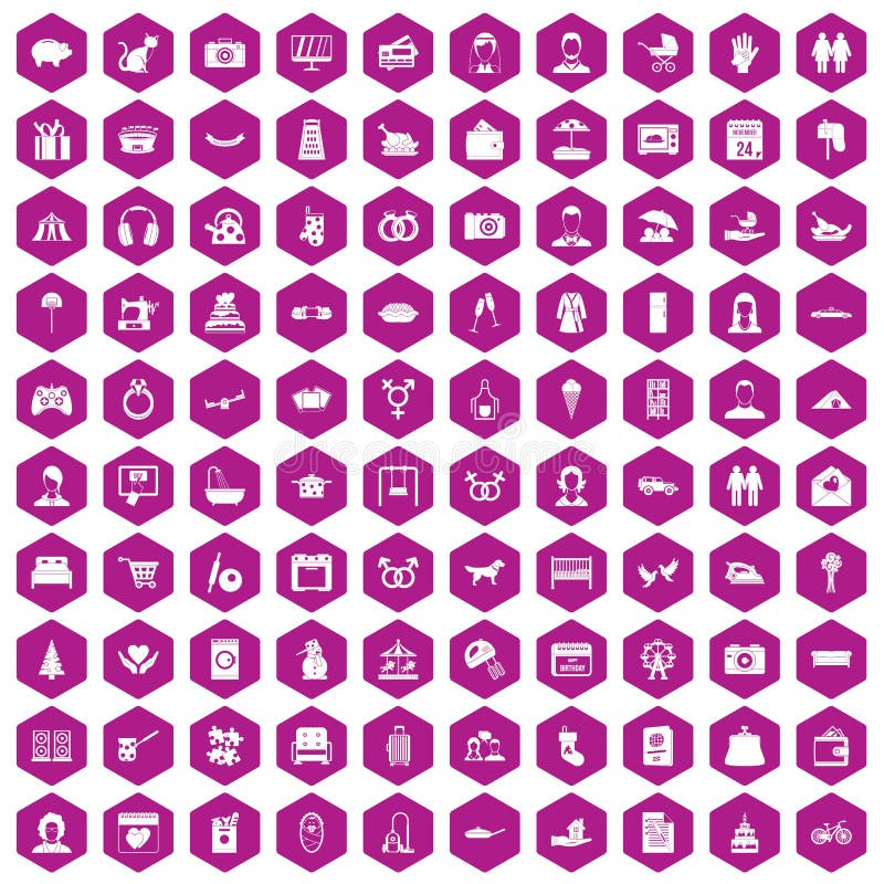 100 family icons set in violet hexagon isolated vector illustration. 100 family icons set in violet hexagon isolated vector illustration