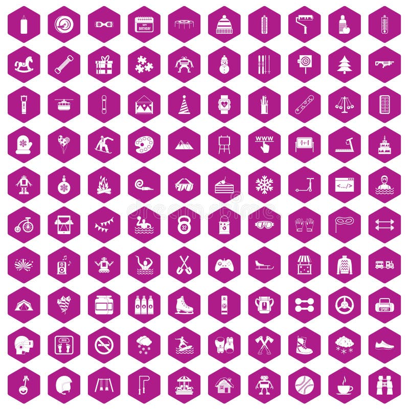 100 children activities icons set in violet hexagon isolated vector illustration. 100 children activities icons set in violet hexagon isolated vector illustration