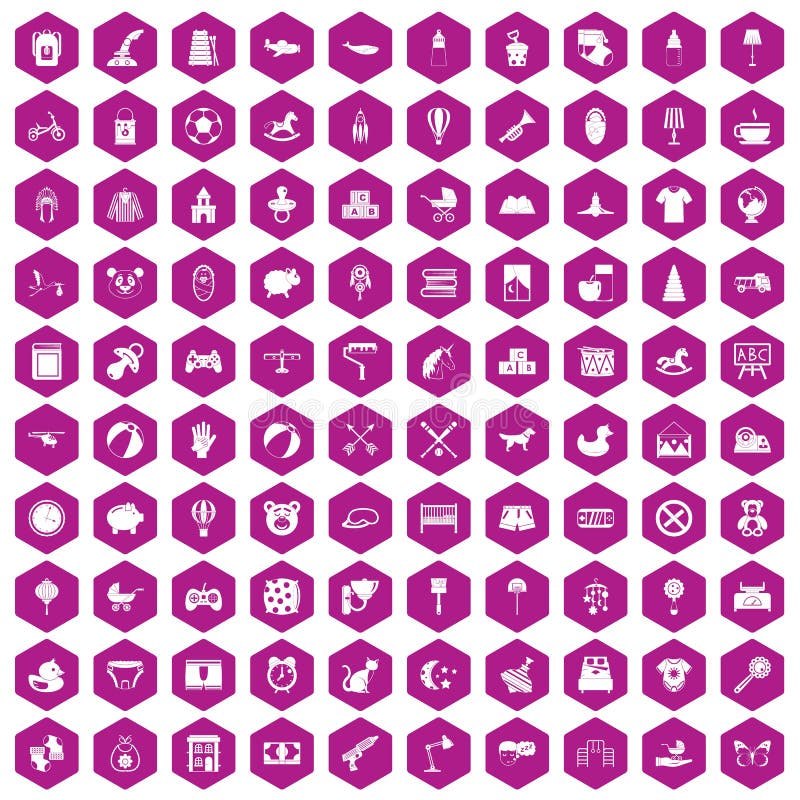 100 nursery icons set in violet hexagon isolated vector illustration. 100 nursery icons set in violet hexagon isolated vector illustration