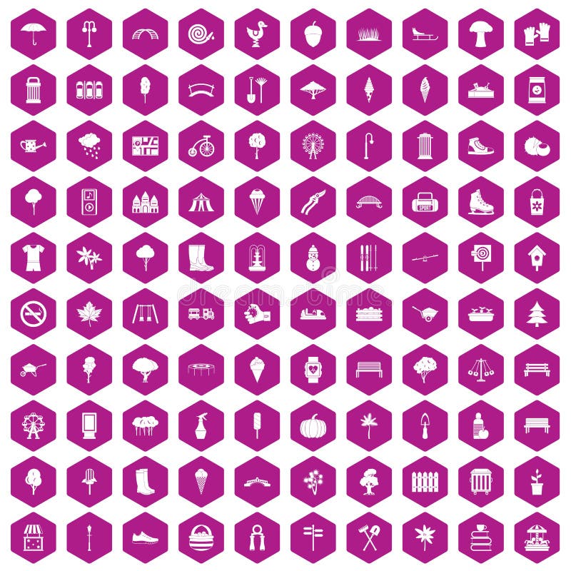 100 park icons set in violet hexagon isolated vector illustration. 100 park icons set in violet hexagon isolated vector illustration