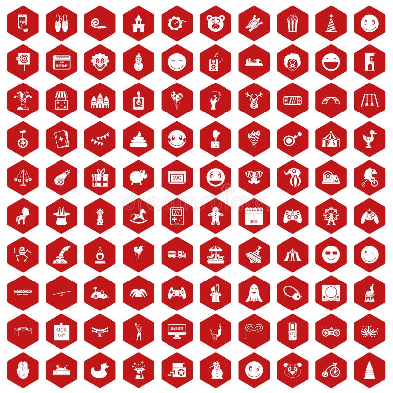 100 funny icons set in red hexagon isolated vector illustration. 100 funny icons set in red hexagon isolated vector illustration