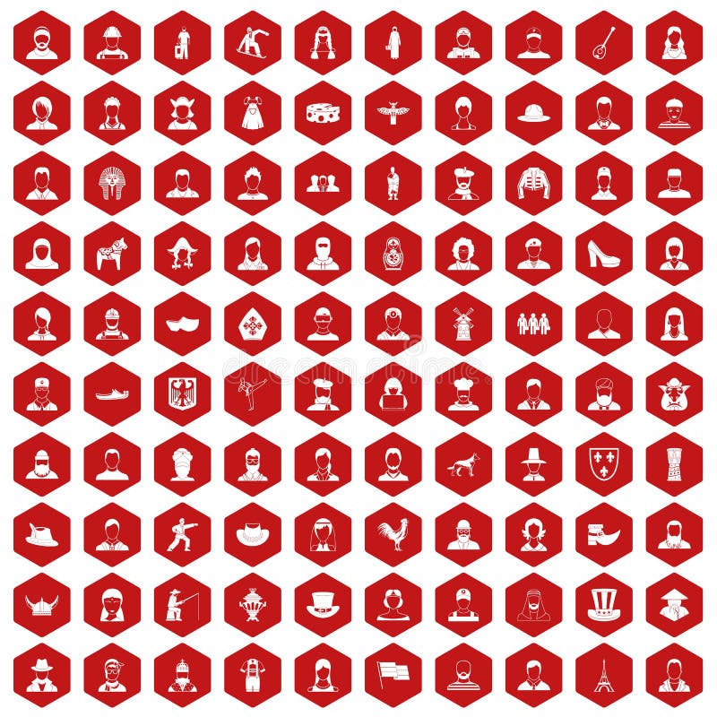 100 folk icons set in red hexagon isolated vector illustration. 100 folk icons set in red hexagon isolated vector illustration