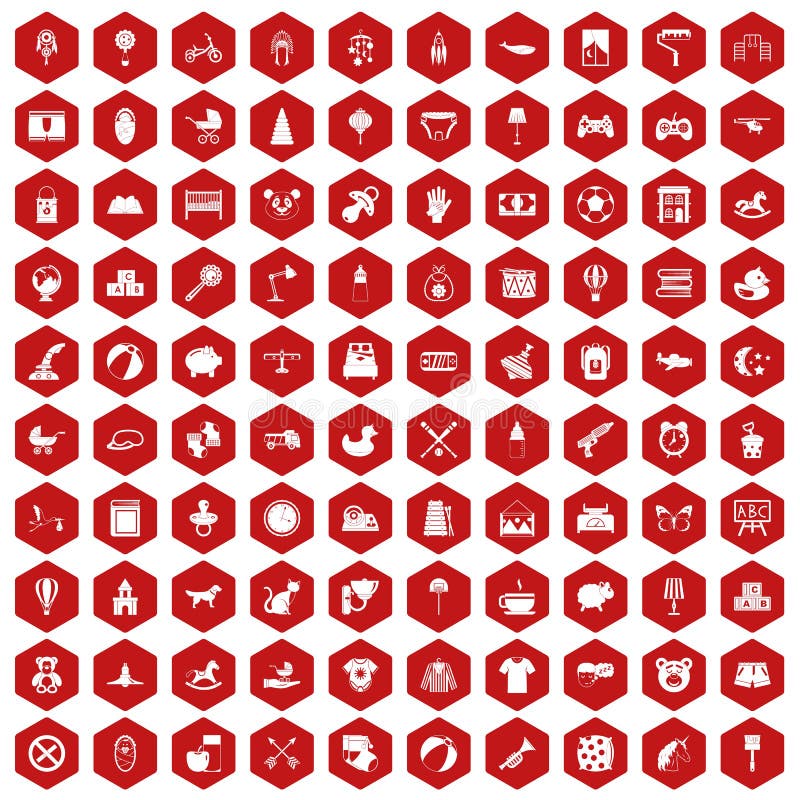 100 nursery icons set in red hexagon isolated vector illustration. 100 nursery icons set in red hexagon isolated vector illustration