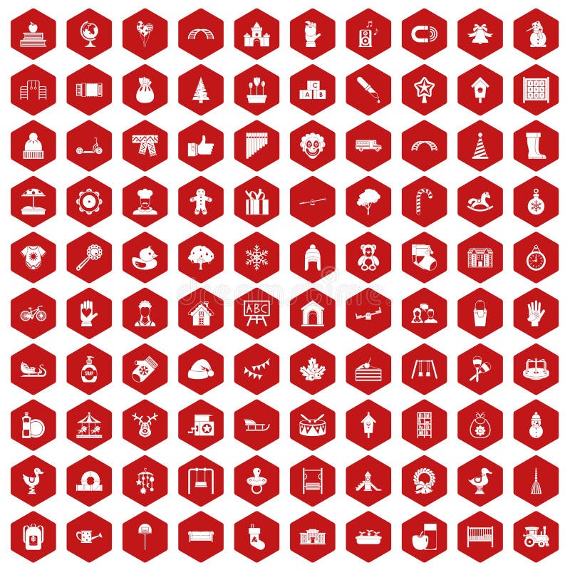 100 kindergarten icons set in red hexagon isolated vector illustration. 100 kindergarten icons set in red hexagon isolated vector illustration