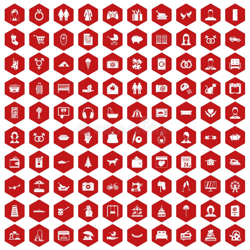 100 family icons set in red hexagon isolated vector illustration. 100 family icons set in red hexagon isolated vector illustration