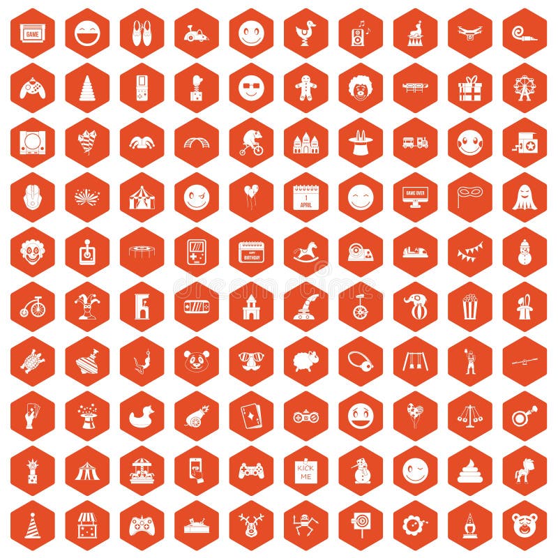 100 funny icons set in orange hexagon isolated vector illustration. 100 funny icons set in orange hexagon isolated vector illustration