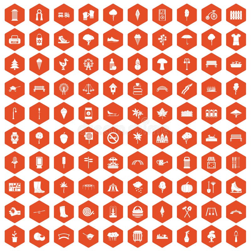 100 park icons set in orange hexagon isolated vector illustration. 100 park icons set in orange hexagon isolated vector illustration