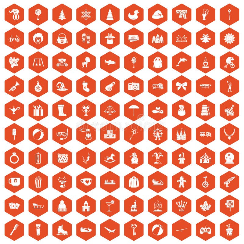 100 children icons set in orange hexagon isolated vector illustration. 100 children icons set in orange hexagon isolated vector illustration