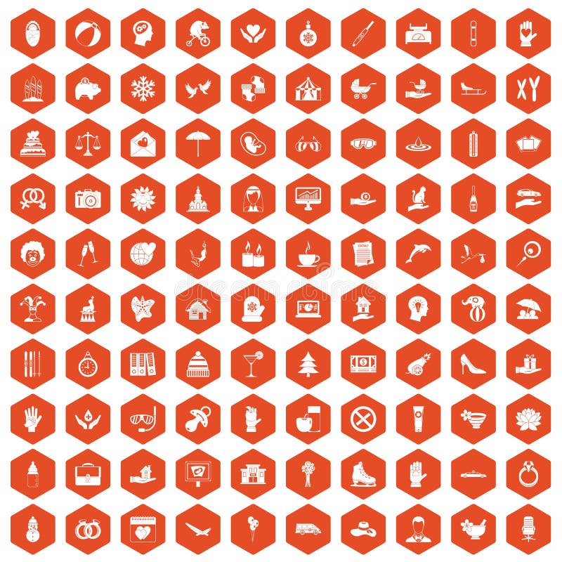 100 joy icons set in orange hexagon isolated vector illustration. 100 joy icons set in orange hexagon isolated vector illustration