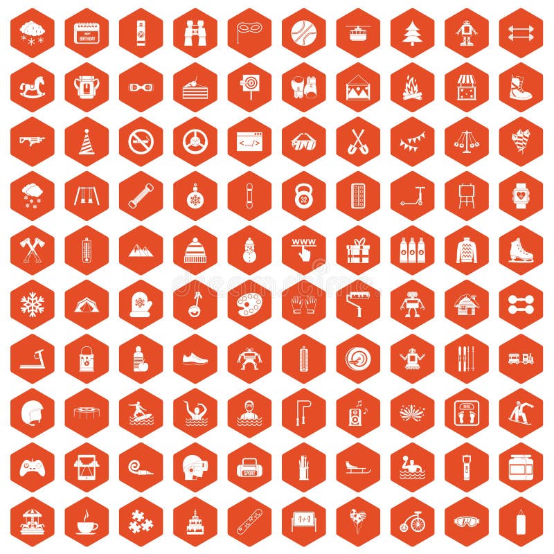 100 children activities icons set in orange hexagon isolated vector illustration. 100 children activities icons set in orange hexagon isolated vector illustration