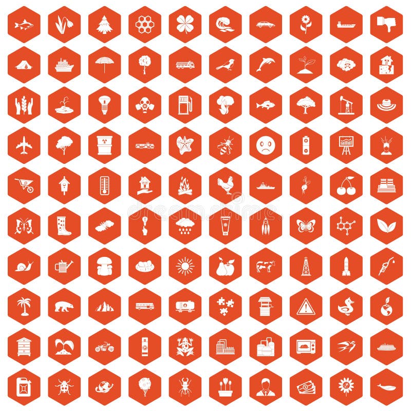 100 global warming icons set in orange hexagon isolated vector illustration. 100 global warming icons set in orange hexagon isolated vector illustration