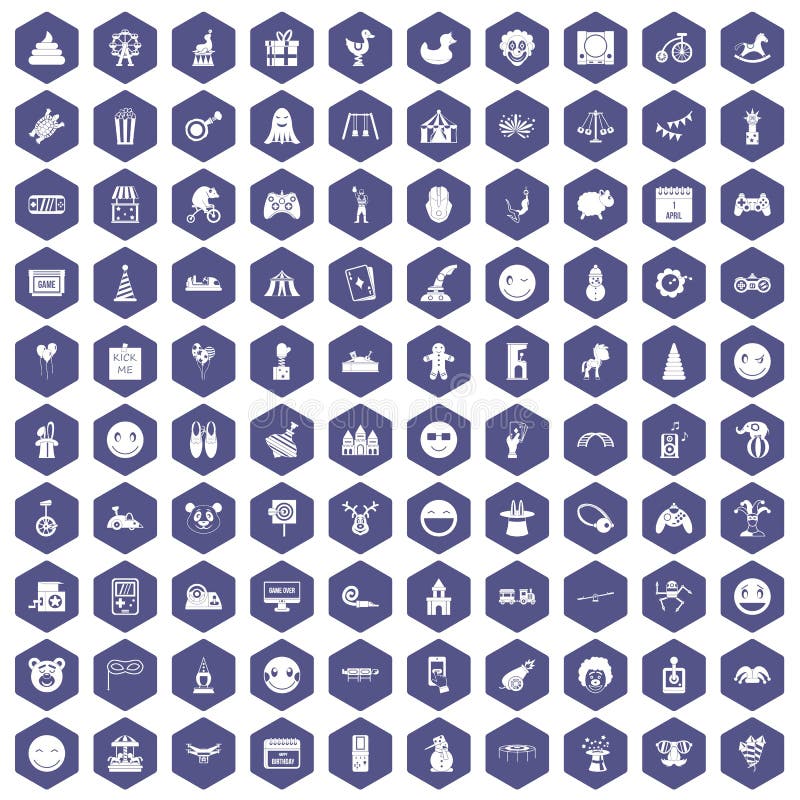 100 funny icons set in purple hexagon isolated vector illustration. 100 funny icons set in purple hexagon isolated vector illustration