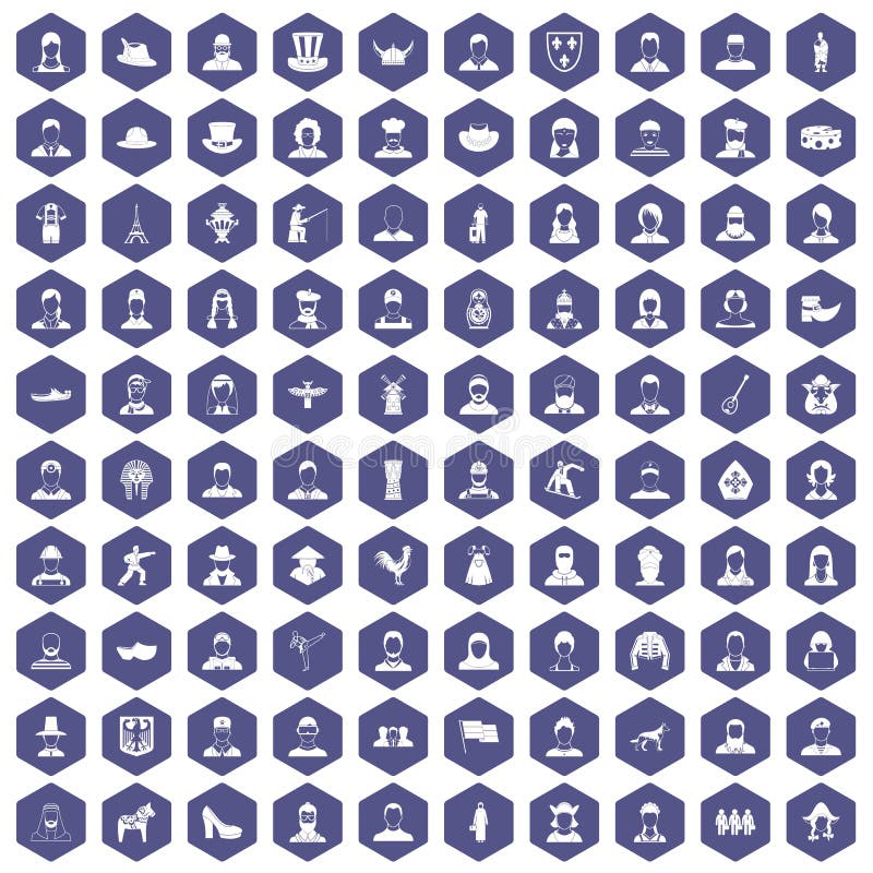 100 folk icons set in purple hexagon isolated vector illustration. 100 folk icons set in purple hexagon isolated vector illustration