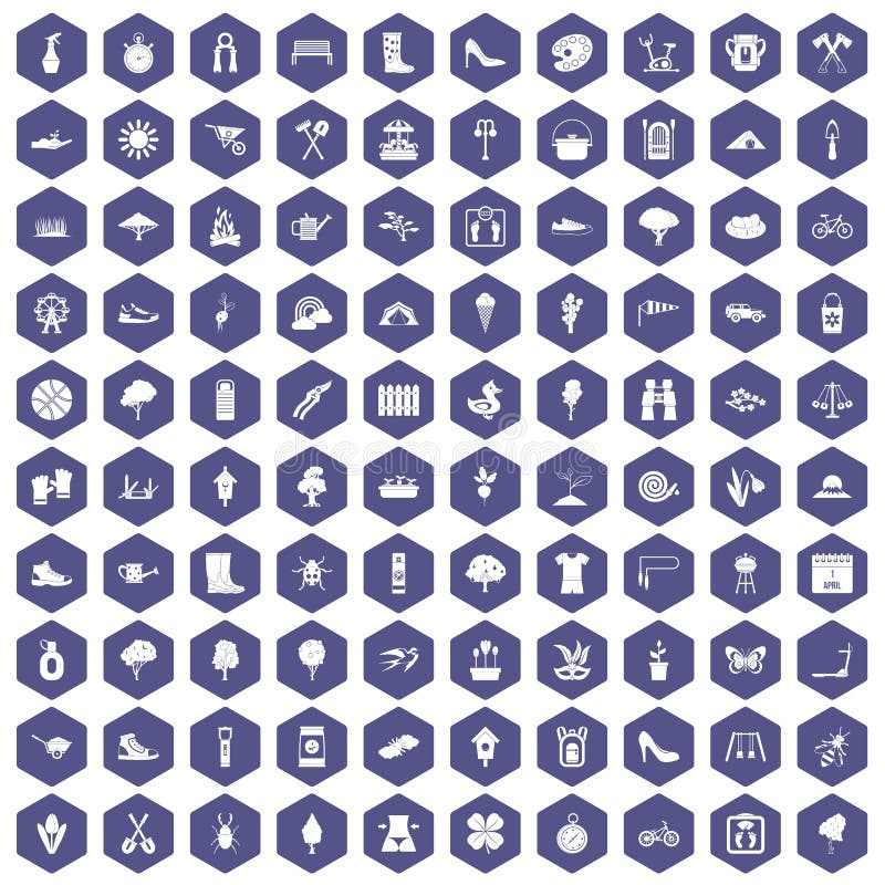 100 spring icons set in purple hexagon isolated vector illustration. 100 spring icons set in purple hexagon isolated vector illustration