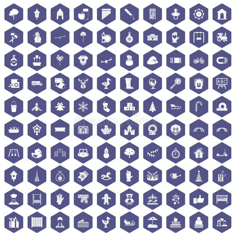 100 kindergarten icons set in purple hexagon isolated vector illustration. 100 kindergarten icons set in purple hexagon isolated vector illustration