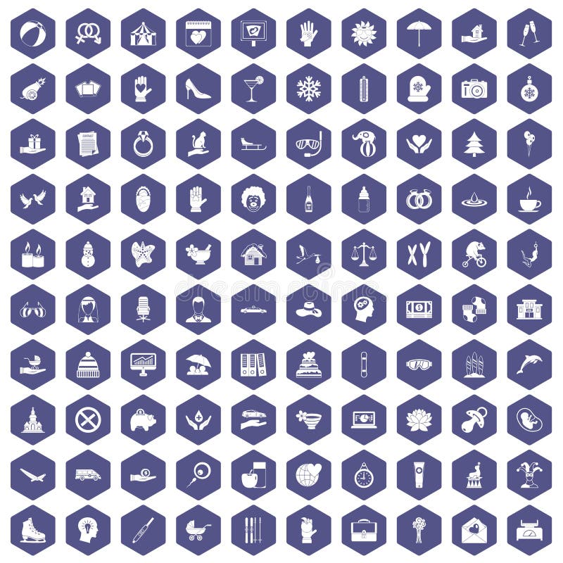 100 joy icons set in purple hexagon isolated vector illustration. 100 joy icons set in purple hexagon isolated vector illustration