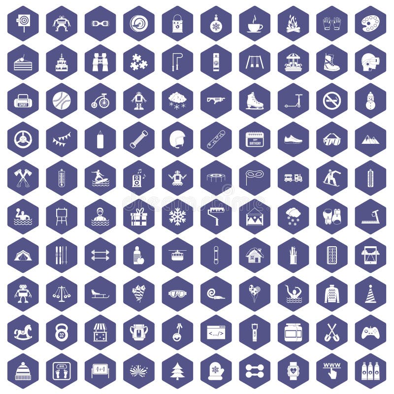 100 children activities icons set in purple hexagon isolated vector illustration. 100 children activities icons set in purple hexagon isolated vector illustration