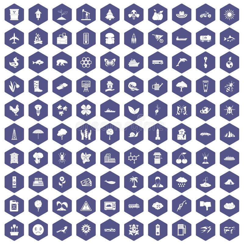 100 global warming icons set in purple hexagon isolated vector illustration. 100 global warming icons set in purple hexagon isolated vector illustration