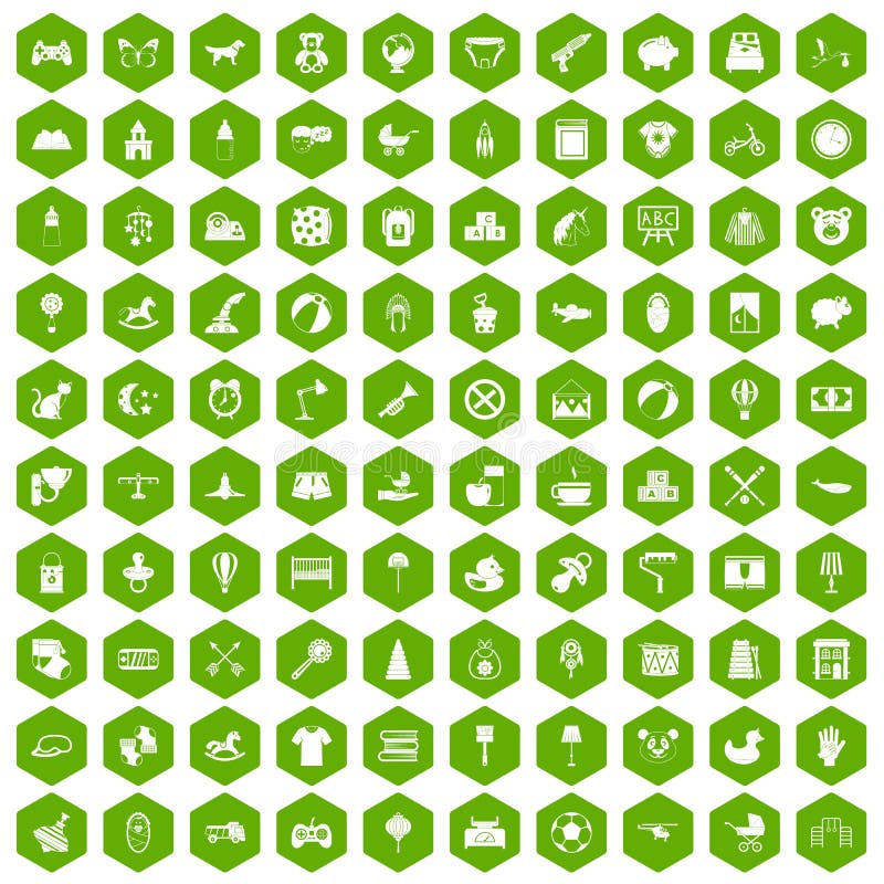 100 nursery icons set in green hexagon isolated vector illustration. 100 nursery icons set in green hexagon isolated vector illustration