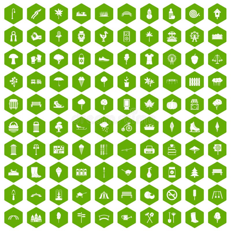 100 park icons set in green hexagon isolated vector illustration. 100 park icons set in green hexagon isolated vector illustration