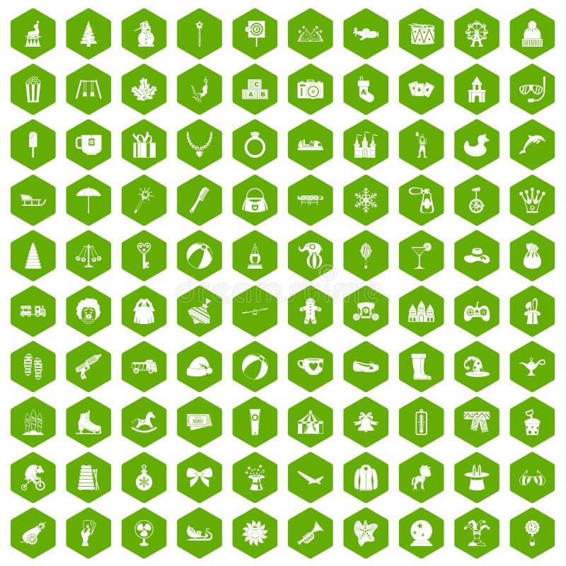 100 children icons set in green hexagon isolated vector illustration. 100 children icons set in green hexagon isolated vector illustration