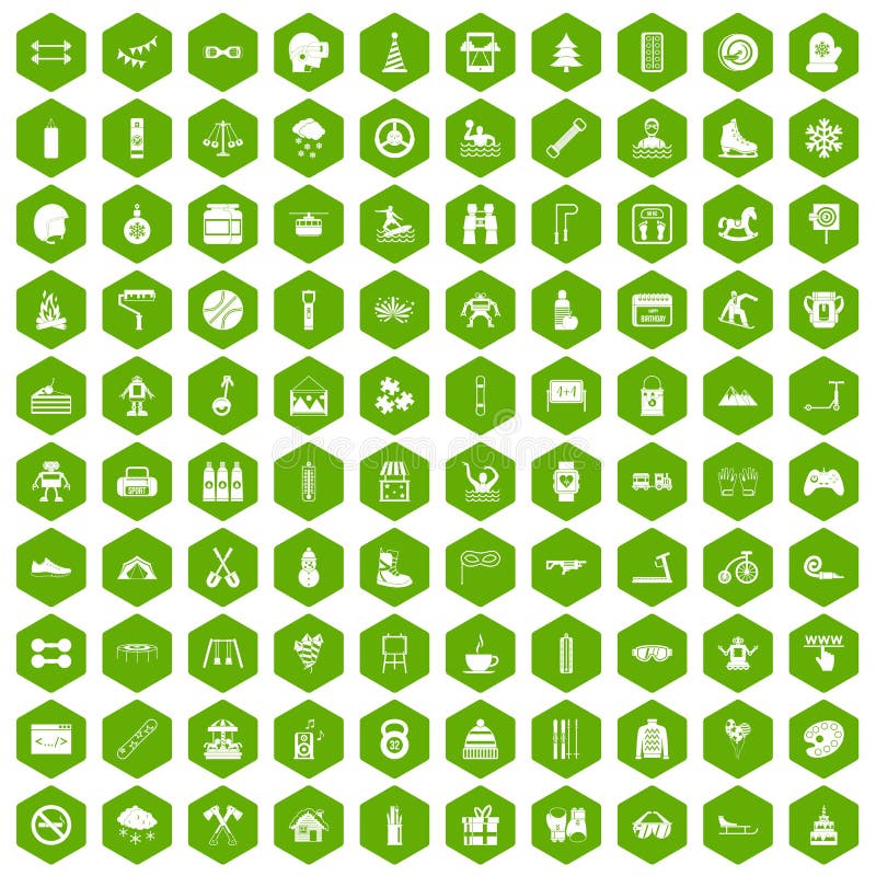 100 children activities icons set in green hexagon isolated vector illustration. 100 children activities icons set in green hexagon isolated vector illustration