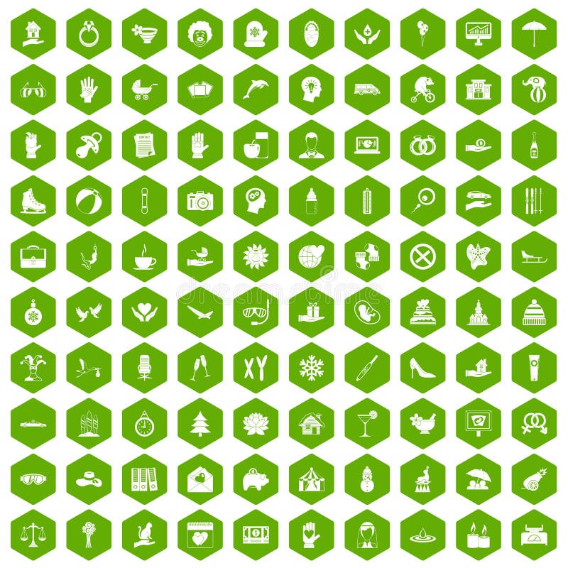 100 joy icons set in green hexagon isolated vector illustration. 100 joy icons set in green hexagon isolated vector illustration