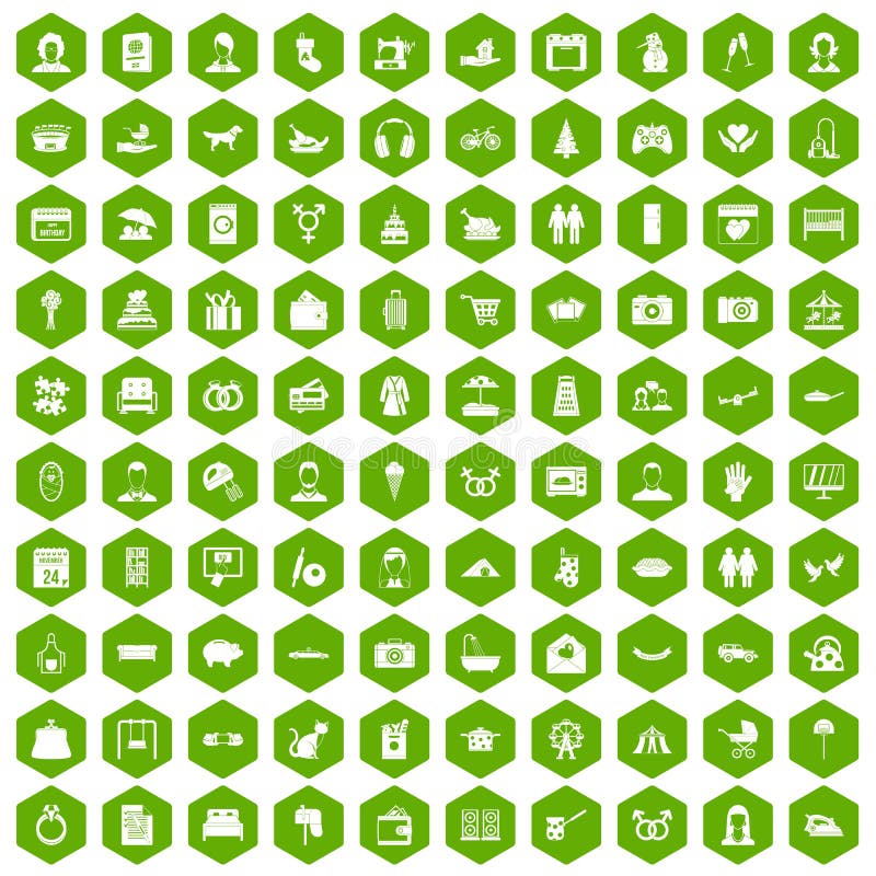 100 family icons set in green hexagon isolated vector illustration. 100 family icons set in green hexagon isolated vector illustration