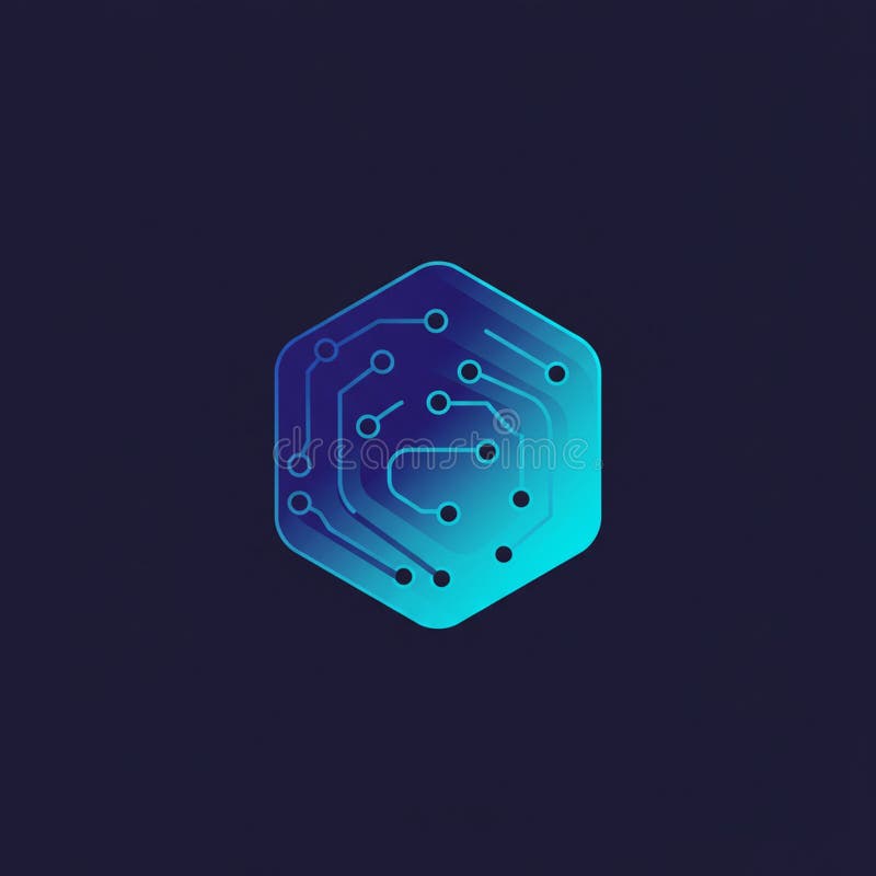 Hexagonal blue gradient design featuring intricate, circuit-like patterns resembling electronic pathways. The layout includes interconnected lines and dots, creating a high-tech appearance. Set against a dark background, the gradient transitions from deep blue to lighter cyan, emphasizing depth and complexity. The shape and style suggest themes of technology, innovation, or digital networks.