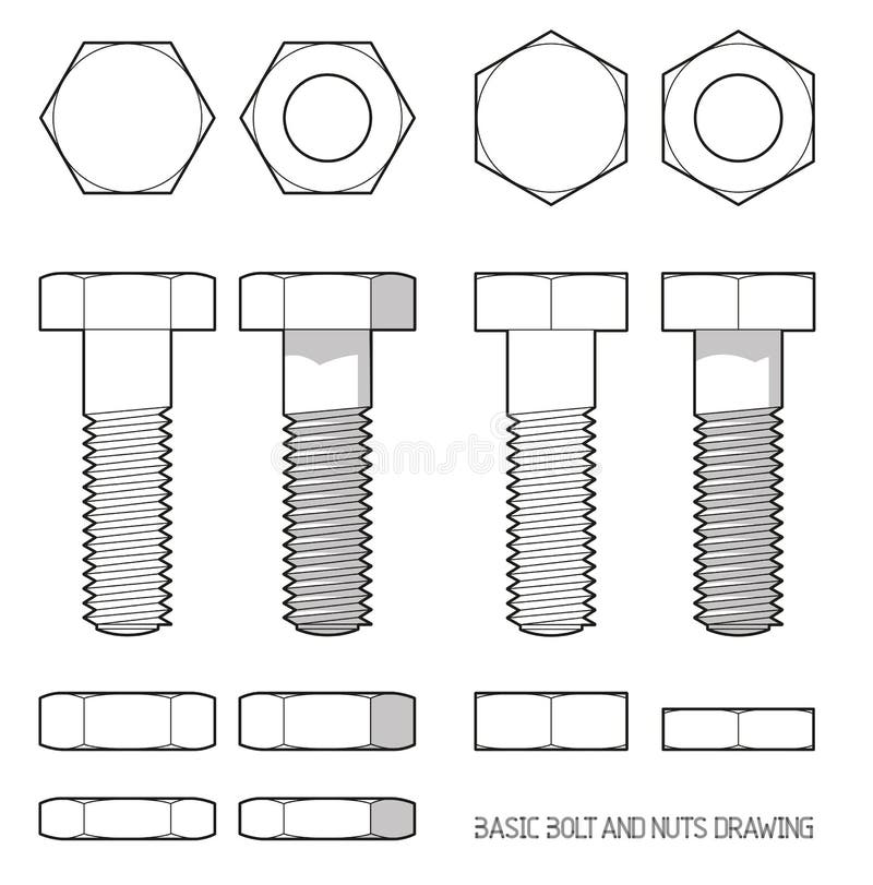 Hexagonal Bolt and Nuts Technical Drawing Vector Illustrations Stock