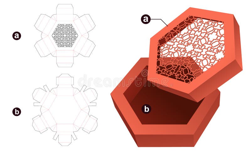 Hexagonal box with stenciled lid die cut template and 3D mockup