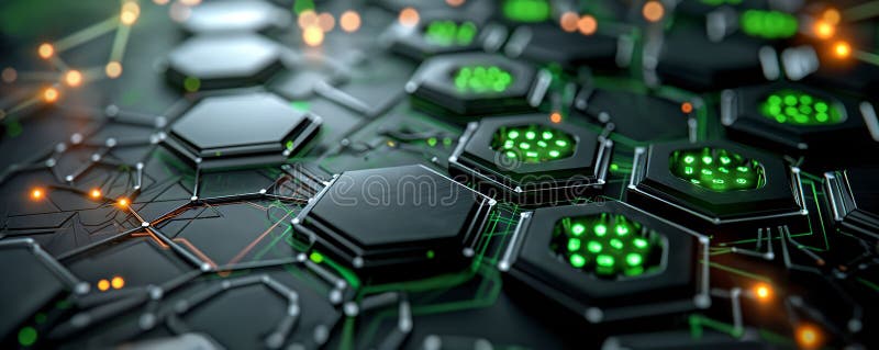 Hexagonal Circuit Board with Glowing Green and Orange Lights royalty free stock photos