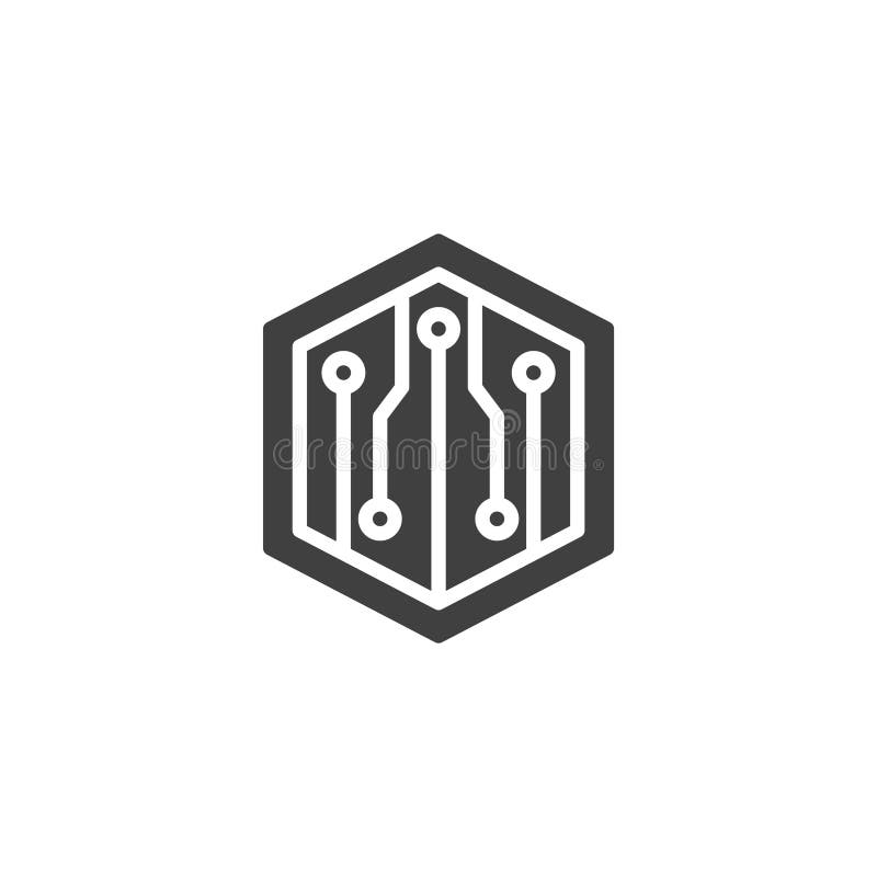 A hexagonal coin with a digital circuit vector icon stock illustration