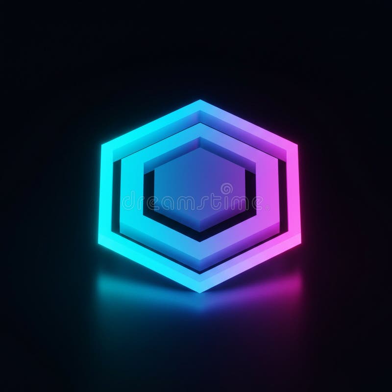 A hexagonal 3D structure with glowing neon outlines is displayed against a dark stock illustration