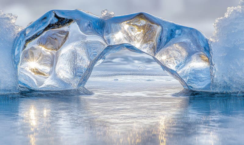 A hexagonal ice tunnel is set against an abstract blue crystal backdrop royalty free stock images