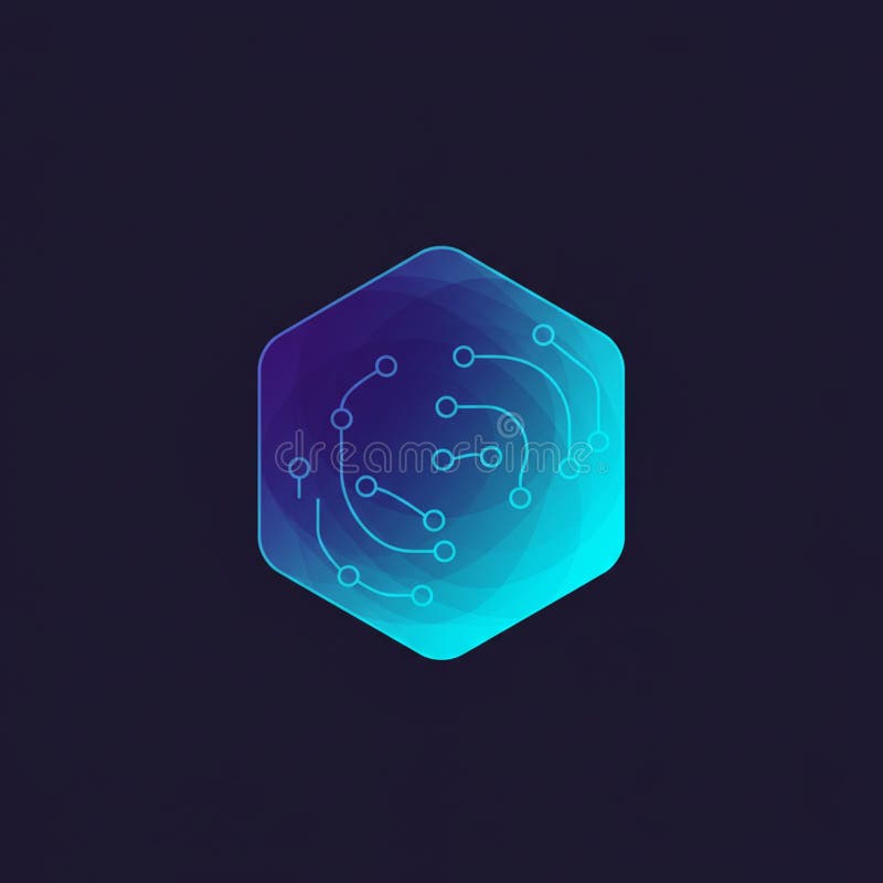 Hexagonal icon with a gradient of blue and purple colors, featuring a circuit-like pattern royalty free illustration