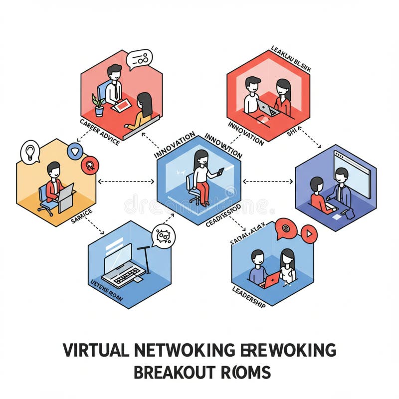 Hexagonal icons depict various virtual networking themes, each containing stylized stock illustration