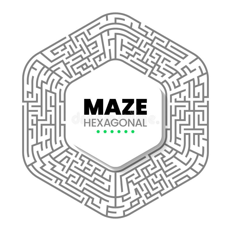 Hexagonal labyrinth with 6 escape exits and a button in the middle. Vector stock illustration