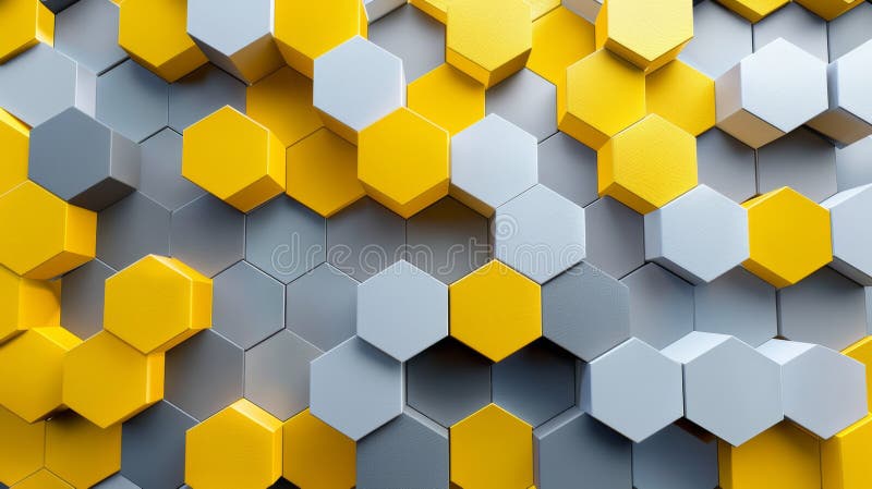 Hexagonal pattern with yellow and gray 3d shapes, abstract geometric background. Modern design and architecture concept