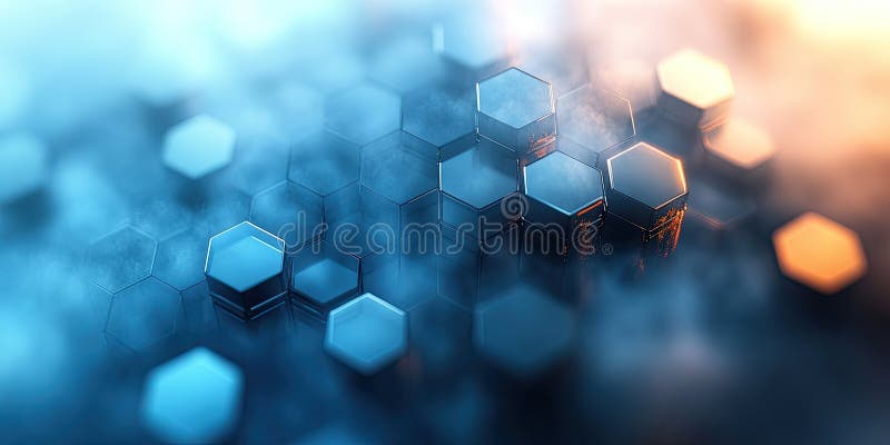 Hexagonal patterns create a dynamic visual in blue and orange tones with a misty atmosphere at dusk. Intricate hexagonal shapes form a captivating design in shades of blue and orange, shrouded in a soft mist, evoking a sense of depth and complexity during dusk. AI generated