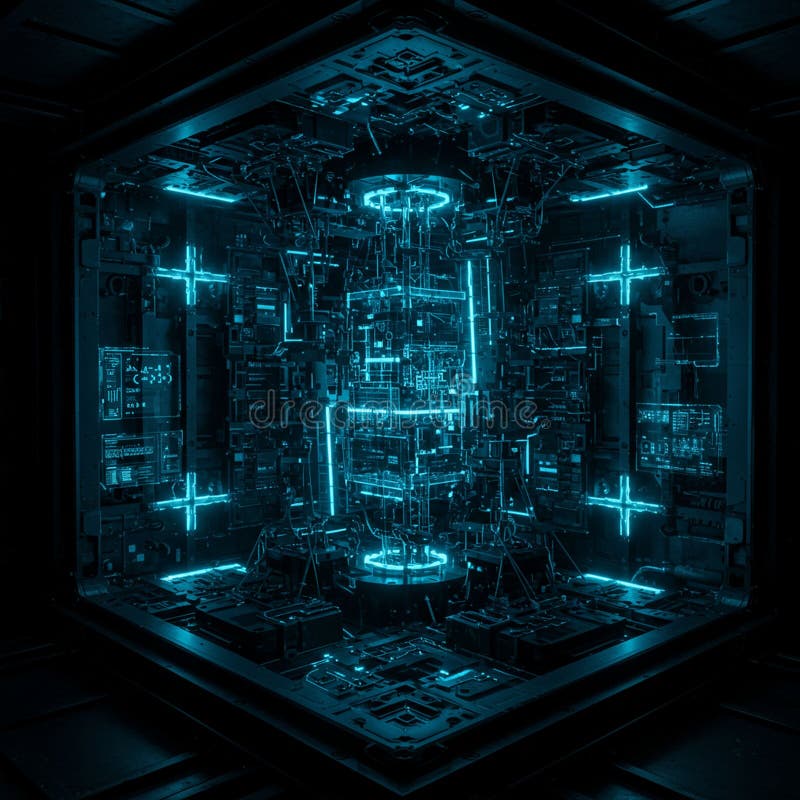 Hexagonal room filled with intricate, futuristic circuitry and glowing blue neon stock illustration