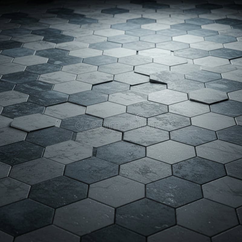 Hexagonal tiles arranged in a honeycomb pattern cover the floor. The tiles feature stock illustration