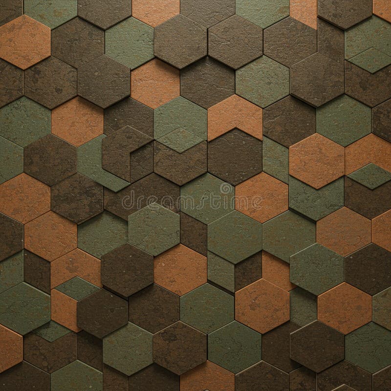Hexagonal tiles form a textured pattern in shades of brown, green, and rust. The arrangement creates a three-dimensional effect, with alternating heights and shadows adding depth. The surface of each tile appears rough and stone-like, enhancing the tactile quality and earthy color palette. This design is visually dynamic, offering a modern, geometric aesthetic suitable for architectural or interior design applications. The repetitive nature of the hexagons contributes to a sense of continuity. Rust shades illustrations