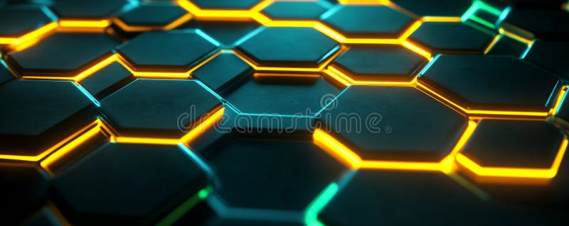 Hexagones de néon à contraste élevé avec des bords vifs jaunes et verts brillants flottant au-dessus d'un doux. Hexagones de néon à contraste élevé avec des bords vifs jaunes et verts brillants flottant au-dessus d'une texture molle et veloutée noire. l'éclairage crée des ombres profondes et des lumières vives. ai généré