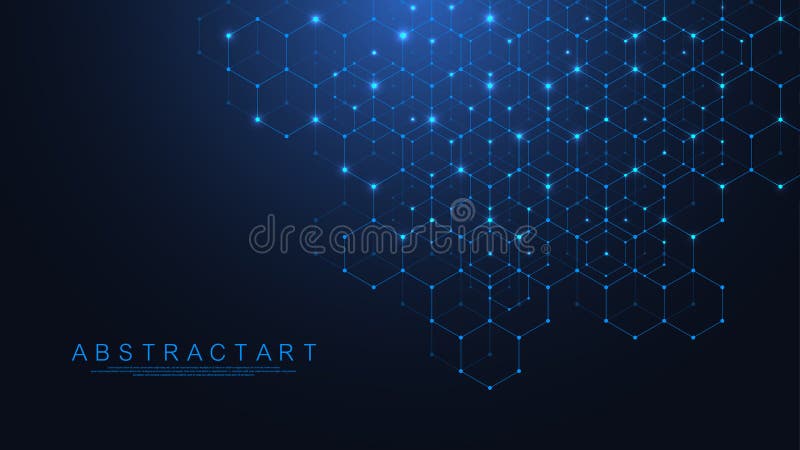 Hexagons abstract grid background with connected lines and dots. Hex digital pattern with subtle polygons. Linear vector illustration