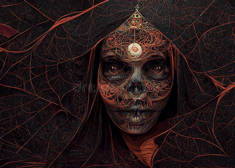 Hexe in einem roten Spinnennetz gefangen. halloween Vintage Hintergrund. okkulte esoterische Weiblichkeit und Wicca conce stock abbildung